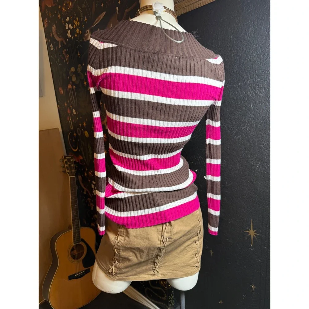 Vintage Brown Pink White Striped Ribbed Knit V-Neck Long Sleeve Sweater Top